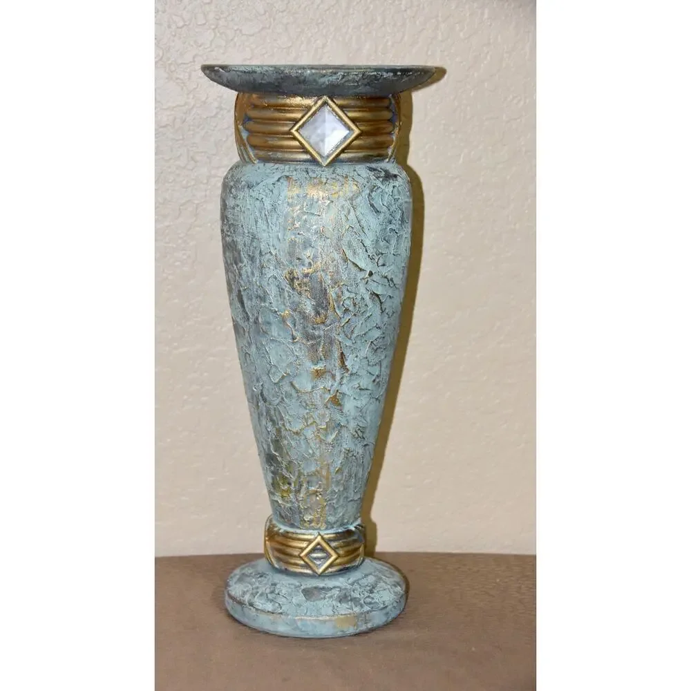 Jaru Art Deco Green and Gold Cast Stone Ceramic Pedestal Vase